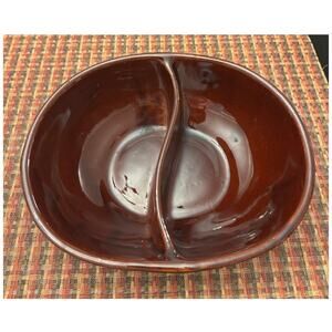 Vintage Mar-Crest Brown Daisy Oven Proof Stoneware Divided Serving Bowl USA